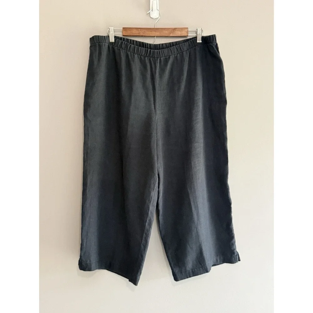 Tahari 100% Linen Pants Wide Leg Black Crop Pull On Beach Lagenlook Classic - Picture 3 of 14